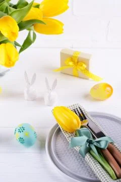 Spring Easter background for menu. Easter egg decoration, bunny, linen napkin Stock Photos