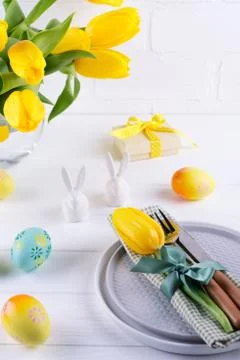 Spring Easter background for menu. Easter egg decoration, bunny, linen napkin Stock Photos