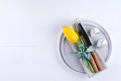 Spring Easter background for menu. Easter egg decoration, bunny, linen napkin Stock Photos