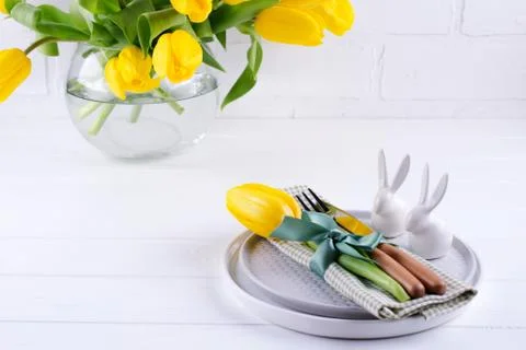 Spring Easter background for menu. Easter egg decoration, bunny, linen napkin Stock Photos