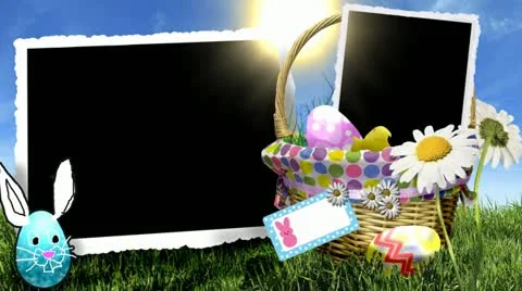 Spring easter basket daisy eggs photo frames Stock Footage 10856709