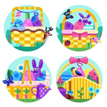 Spring Easter Baskets With Bunnies and Eggs Stock Illustration