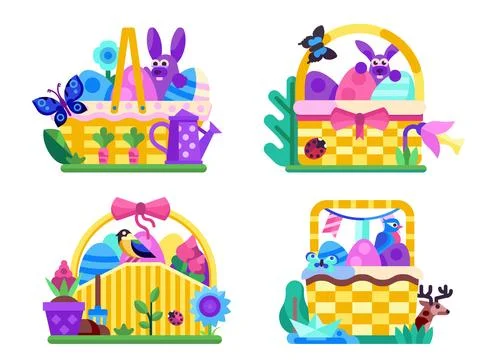 Spring Easter Baskets With Bunnies and Eggs Stock Illustration