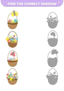 Spring Easter baskets. Find the correct shadow. Shadow matching game. Cartoon Stock Illustration