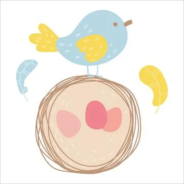 Spring easter bird in a nest with eggs cartoon Stock Illustration