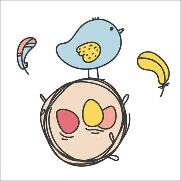 Spring easter bird in a nest with eggs cartoon Stock Illustration