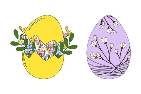 Spring Easter bouquet with Blossom flowers and leaves in Cracked Eggshell and 스톡 일러스트