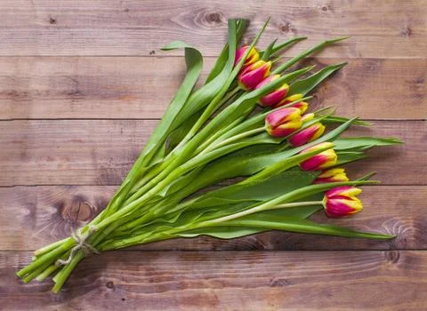 Spring Easter bouquet of tulip flowers on wooden background. Stock Photos