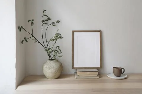 Spring, Easter breakfast still life. Elegant Scandinavian living room, home Stock Photos