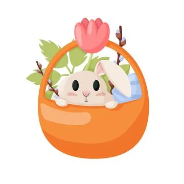 Spring Easter Bunny in a basket. Happy easter bunny with flowers and eggs Stock Illustration