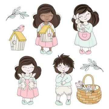 SPRING EASTER Children Characters Vector Illustration Set Stock Illustration