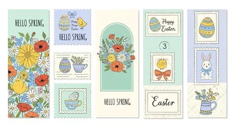 Spring Easter Collection: Floral Stamps, Chicks, Bunny, Eggs, Poppies Ilustração Stock