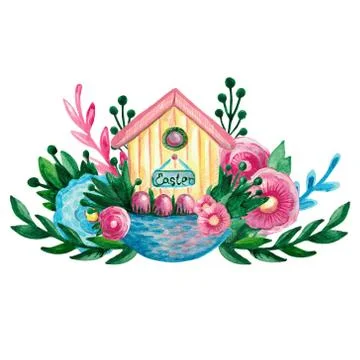 Spring Easter composition house basket branches flowers eggs on white isolate Stock Illustration