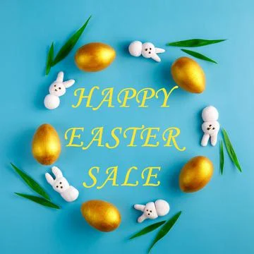 Spring, Easter composition made of HAPPY EASTER SALE inscription, golden eggs Stock Photos