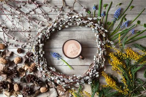 Spring easter composition with willow twigs wreath Stock Photos