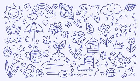 Spring, Easter doodle collection with hand drawn line art garden elements, bunny Illustrazione stock