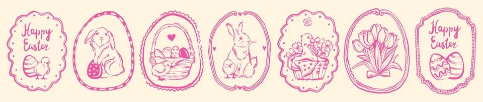 Spring Easter doodle frame, holiday seasonal whimsical illustration Stock Illustration