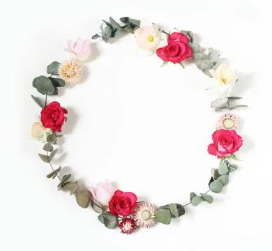 Spring, Easter feminine styled scene, floral composition. Round frame wreath 스톡 사진