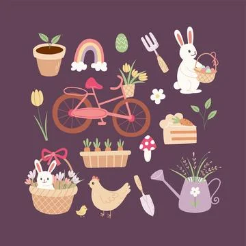 Spring easter garden element vector set. Cute flat bunny, chick, bicycle, flower 스톡 일러스트