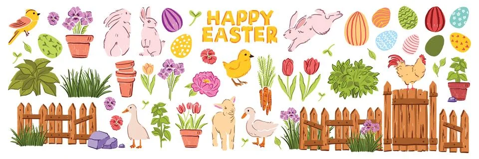 Spring Easter garden illustration, holiday traditional hand drawn doodle Stock Illustration