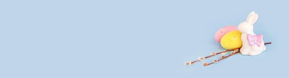 Spring easter holiday, decorative composition with willow branch, white Stock Photos