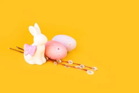 Spring easter holiday, decorative composition with willow branch, white Stock Photos
