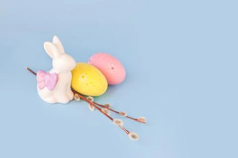 Spring easter holiday, decorative composition with willow branch, white Stock Photos