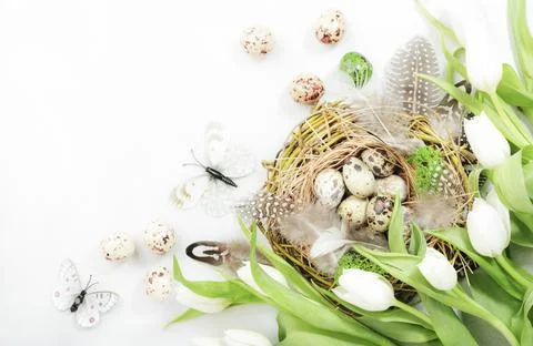Spring Easter holiday white background with tulips, quail eggs, butterflies a Foto stock