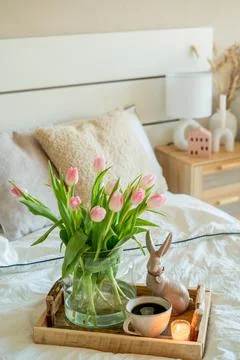 Spring Easter home decor in light shades. Stock Photos