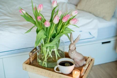 Spring Easter home decor in light shades. Stock Photos