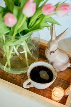 Spring Easter home decor in light shades. Stock Photos