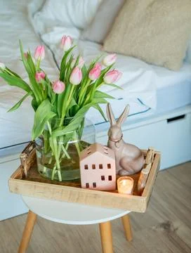 Spring Easter home decor in light shades. Stock Photos