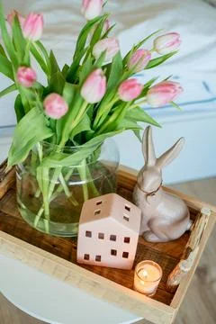 Spring Easter home decor in light shades. Stock Photos