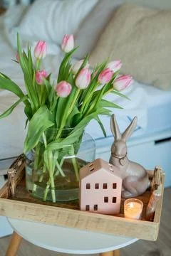 Spring Easter home decor in light shades. Stock Photos