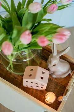 Spring Easter home decor in light shades. Stock Photos