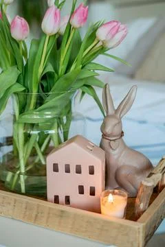 Spring Easter home decor in light shades. Stock Photos