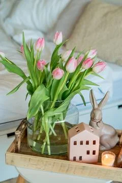 Spring Easter home decor in light shades. Stock Photos