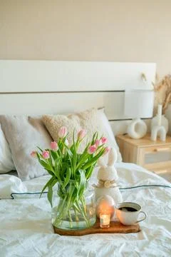 Spring Easter home decor in light shades. Stock Photos