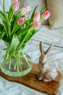 Spring Easter home decor in light shades. Stock Photos