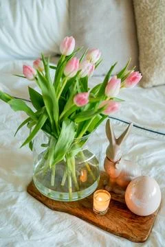 Spring Easter home decor in light shades. Stock Photos