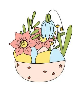 Spring Easter illustration, bowl of flowers and eggs Stock Illustration