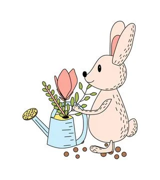 Spring Easter illustration, bunny with watering cane Stock Illustration