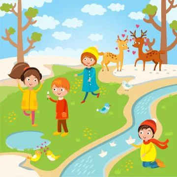 Spring Easter kids playing outdoor イラスト素材
