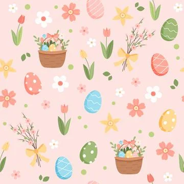 Spring easter pattern with cute elements - decorated eggs and flowers. Vector Stockillustratie