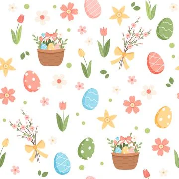 Spring easter pattern with cute elements - decorated eggs and flowers. Vector Stock Illustration