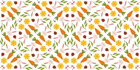 Spring Easter pattern with flowers, bunnies, and carrots in a cute, hand-drawn 库存插图