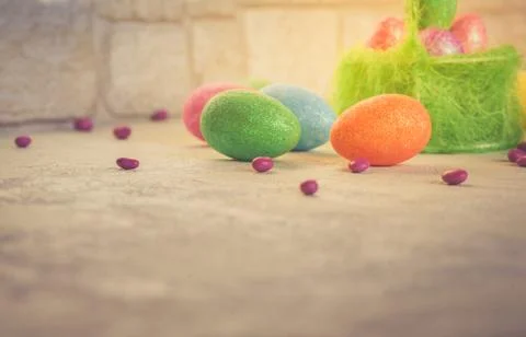 Spring. Easter scene with painted eggs in a basket 库存照片