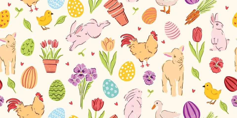 Spring Easter seamless pattern, holiday traditional repeat texture hand drawn Illustrazione stock