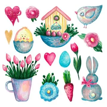 Spring Easter set of watercolor elements Bunny chick bird house heart flowers Illustrazione stock
