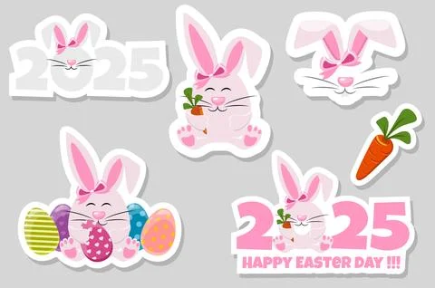Spring Easter sticker set with rabbits, carrot and 2025. Bunny with Easter eg Stock Illustration